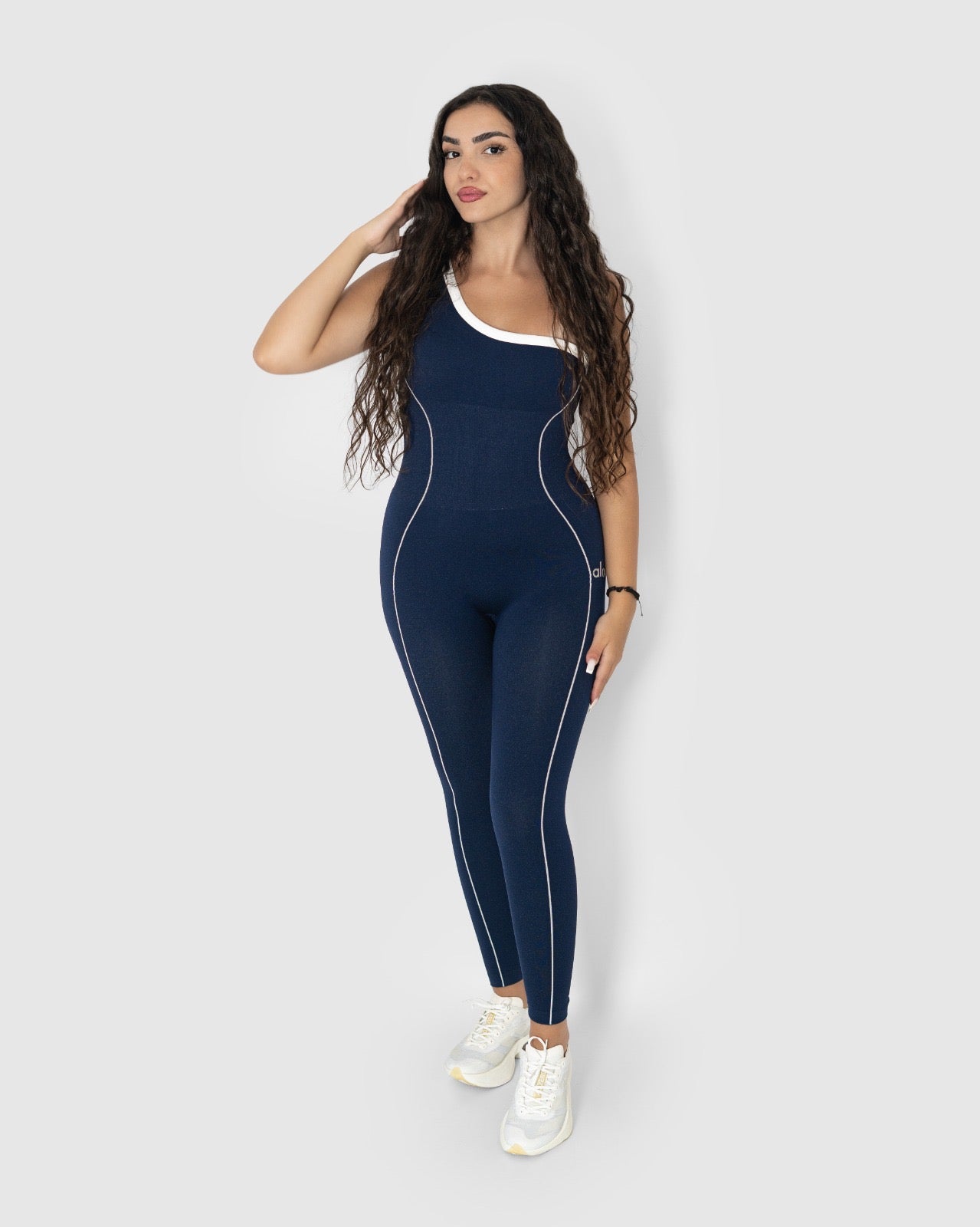 Navy One-Shoulder Seamless Jumpsuit with White Contrast Piping