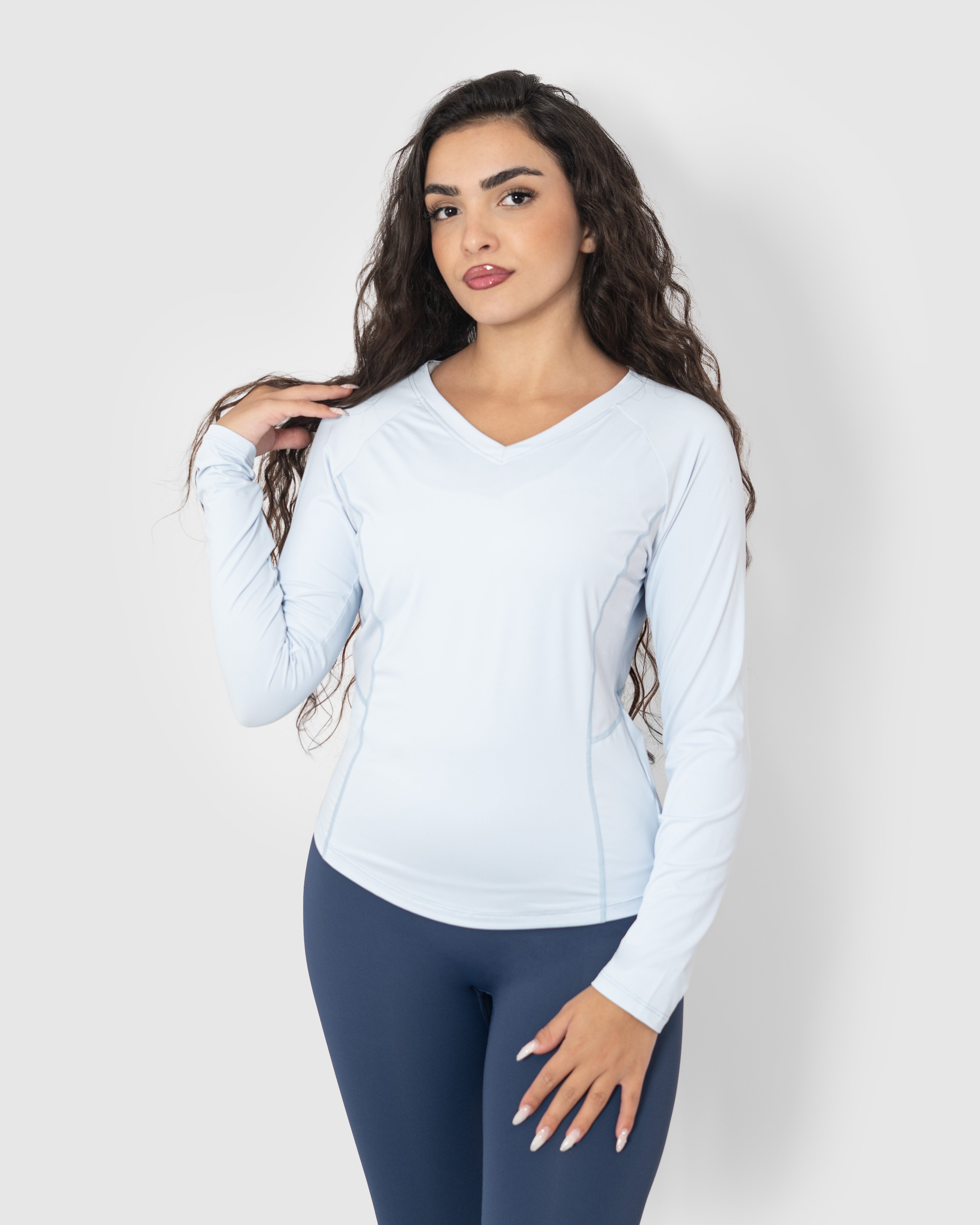 Women's Blue Long Sleeve V-Neck Yoga Top
