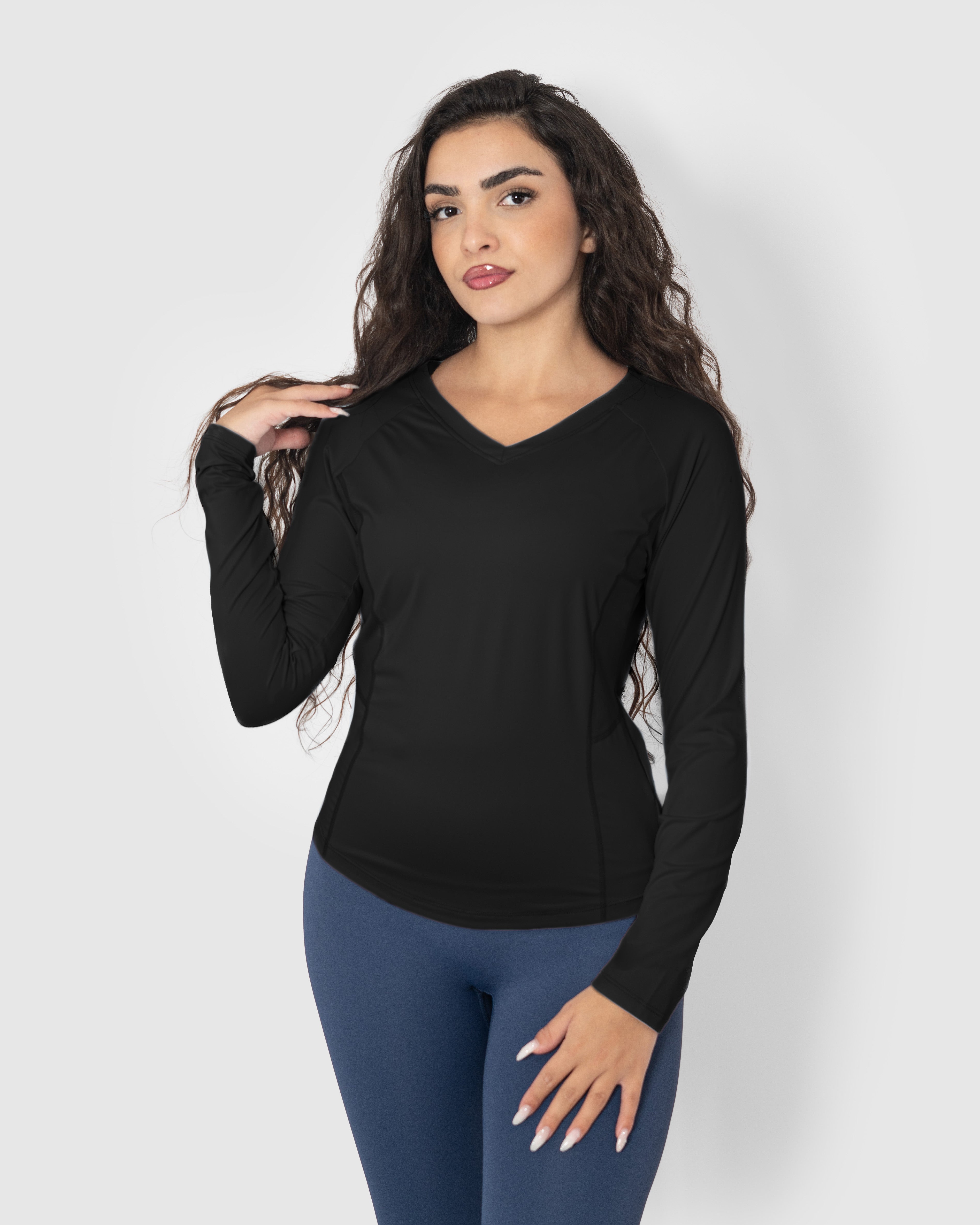 Women'sBlack Long Sleeve V-Neck Yoga Top