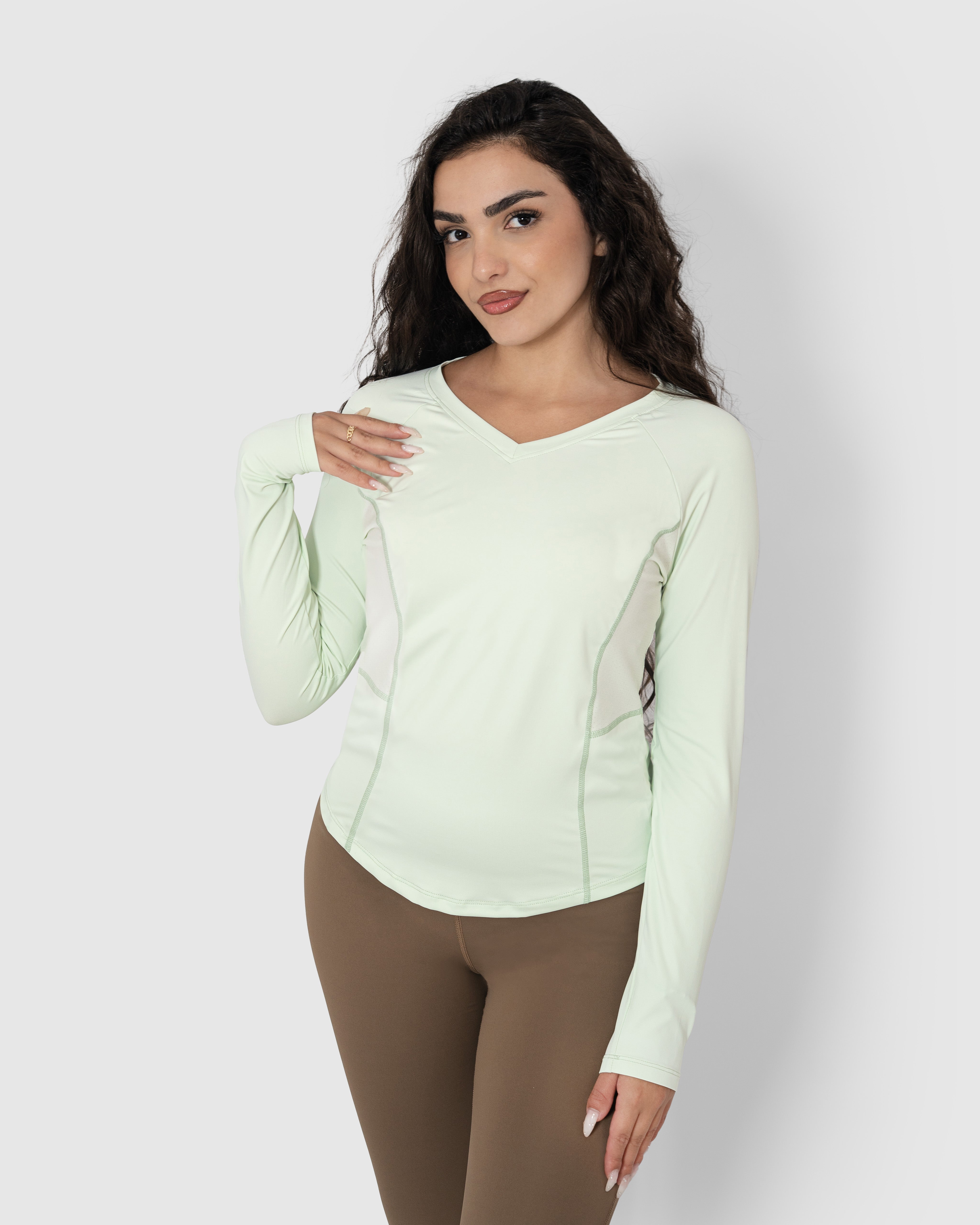 Women's Green Long Sleeve V-Neck Yoga Top